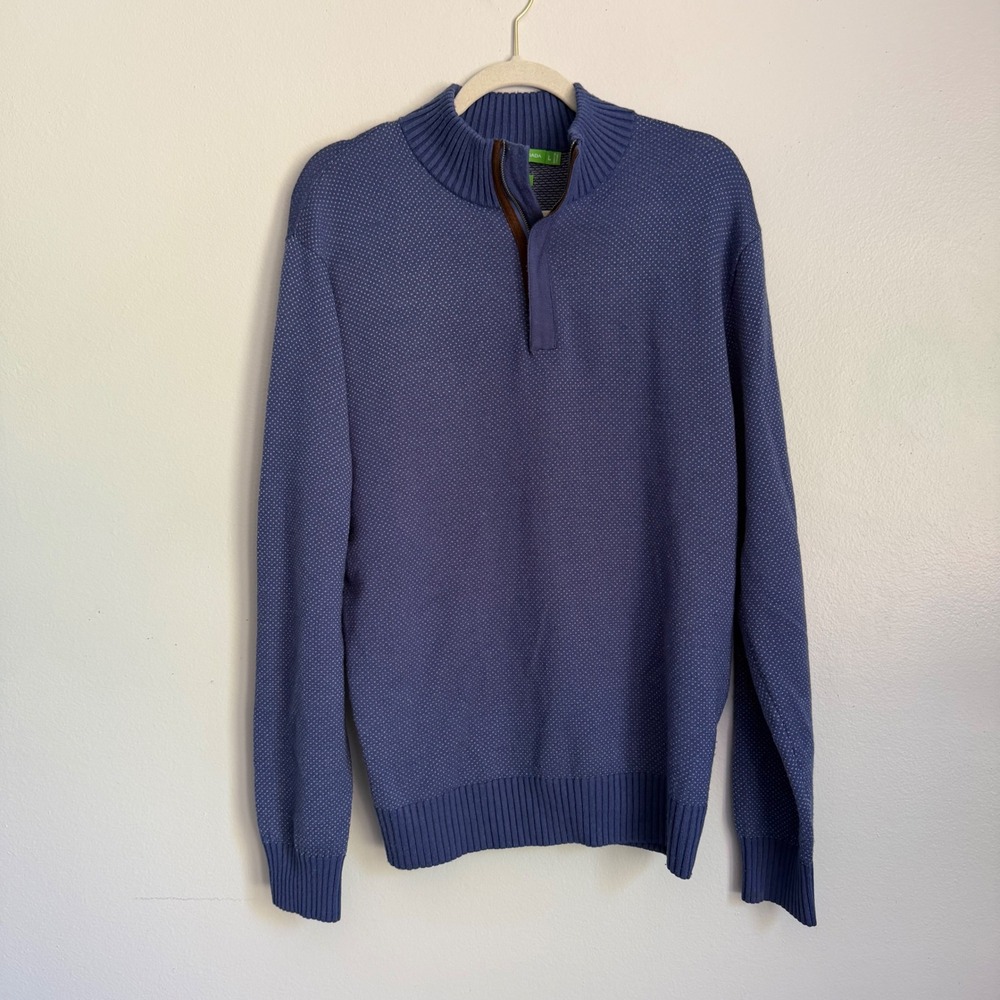 Forsyth of Canada Mens Blue Merino Wool Quarter Zip Sweater Large Micro Dot Knit